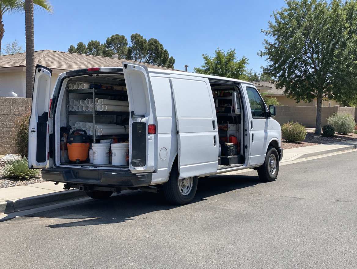 An unmarked plumbing service van parked at a home in Placentia, California
