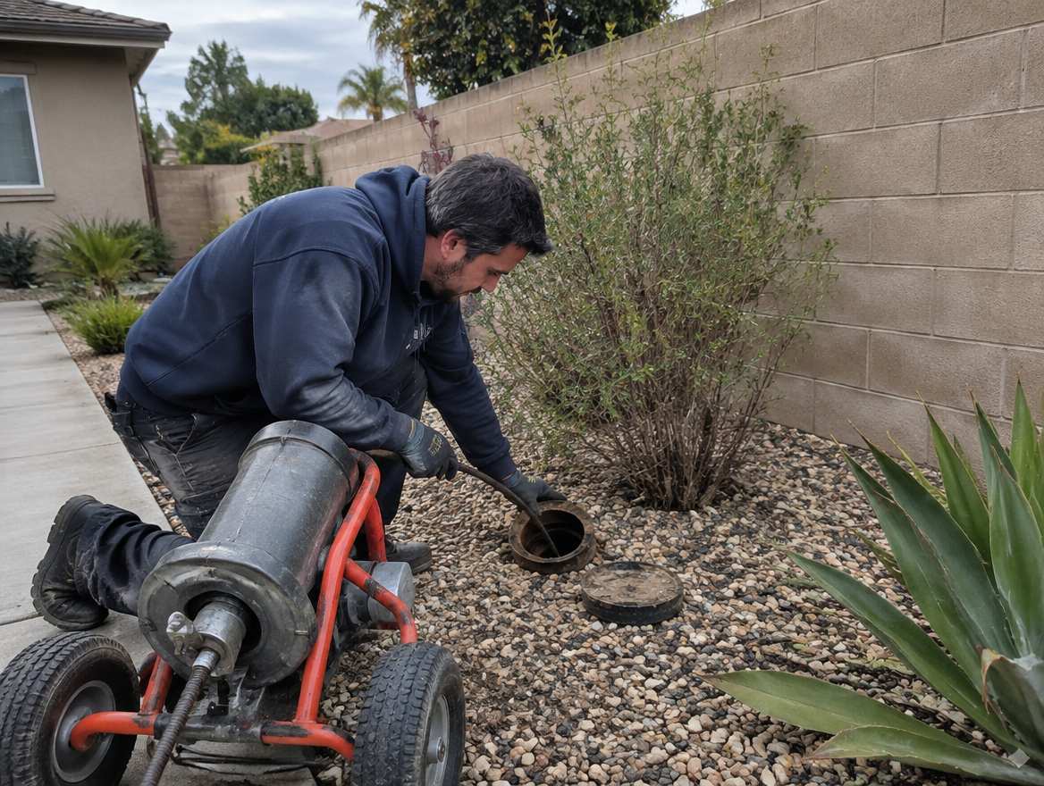 A plumber feeding a motorized sewer cable into an outdoor sewer cleanout