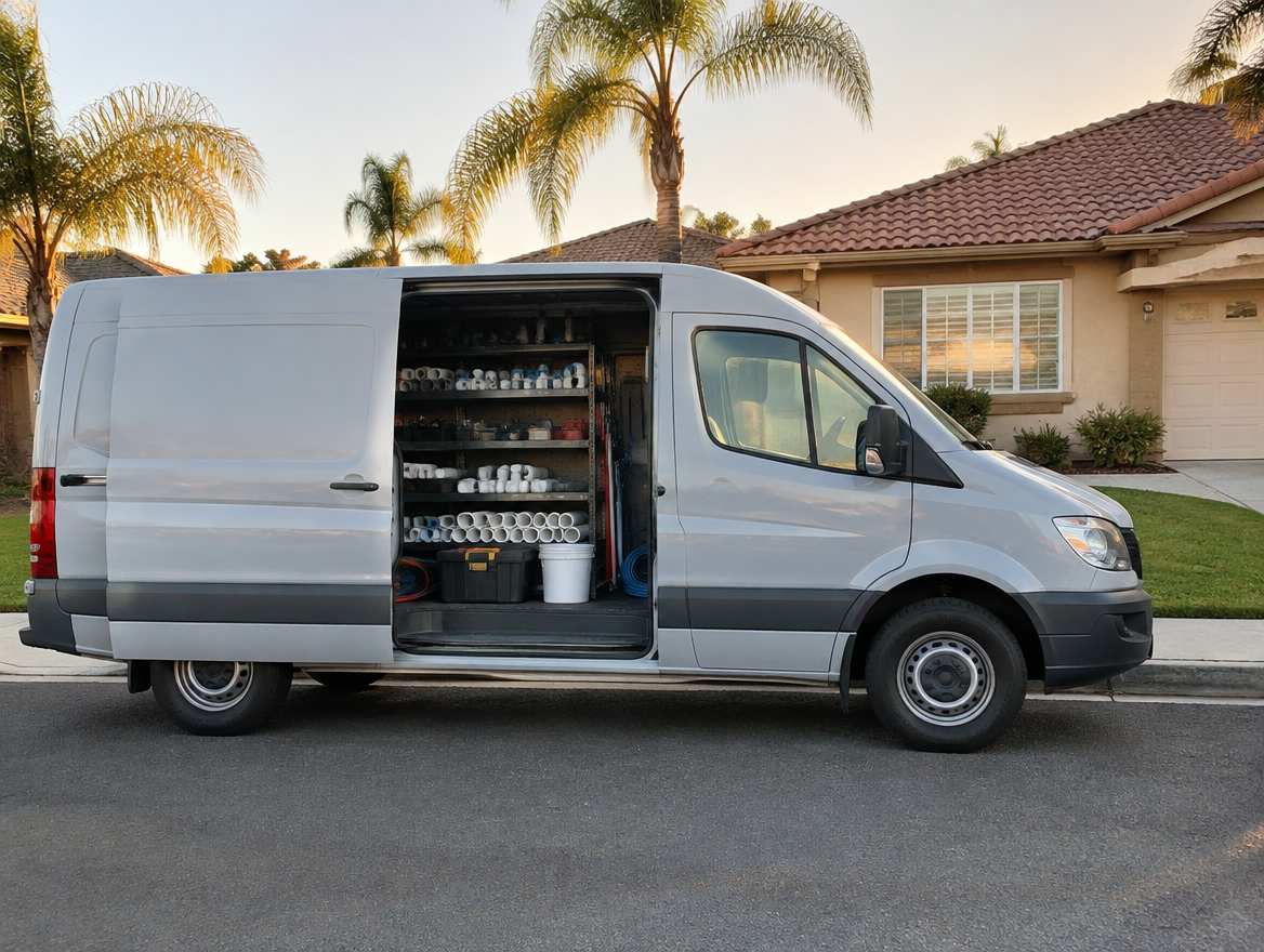 An unmarked plumbing service van parked at a home in Placentia, California