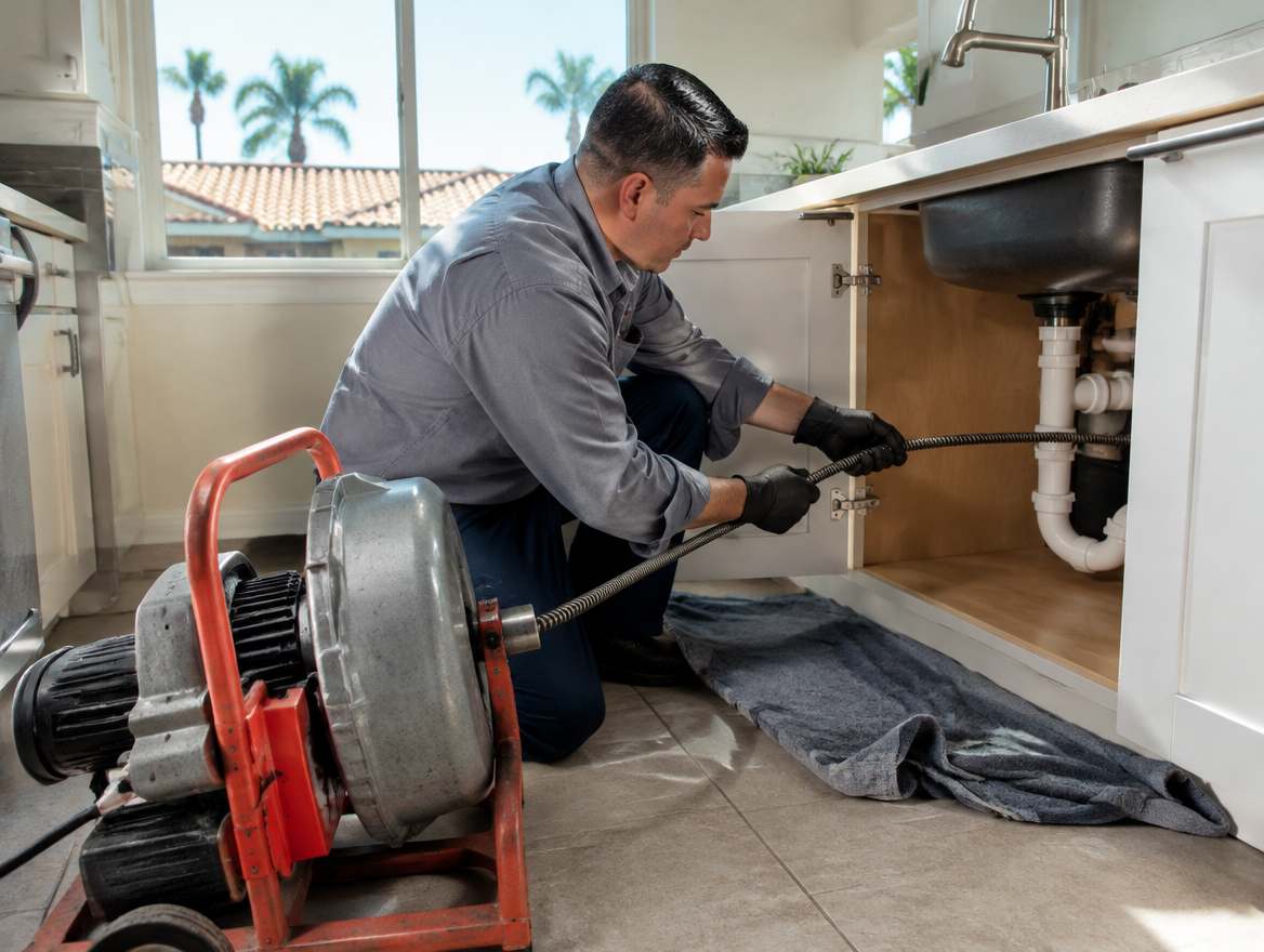 A plumber clearing a clogged drain with a powered drain-cleaning machine under a kitchen sink
