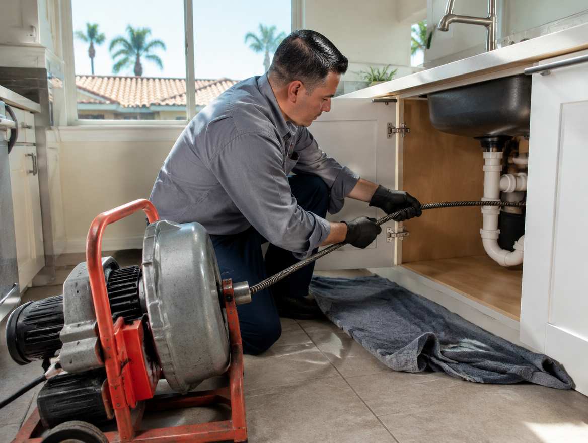 A plumber clearing a clogged drain with a powered drain-cleaning machine under a kitchen sink