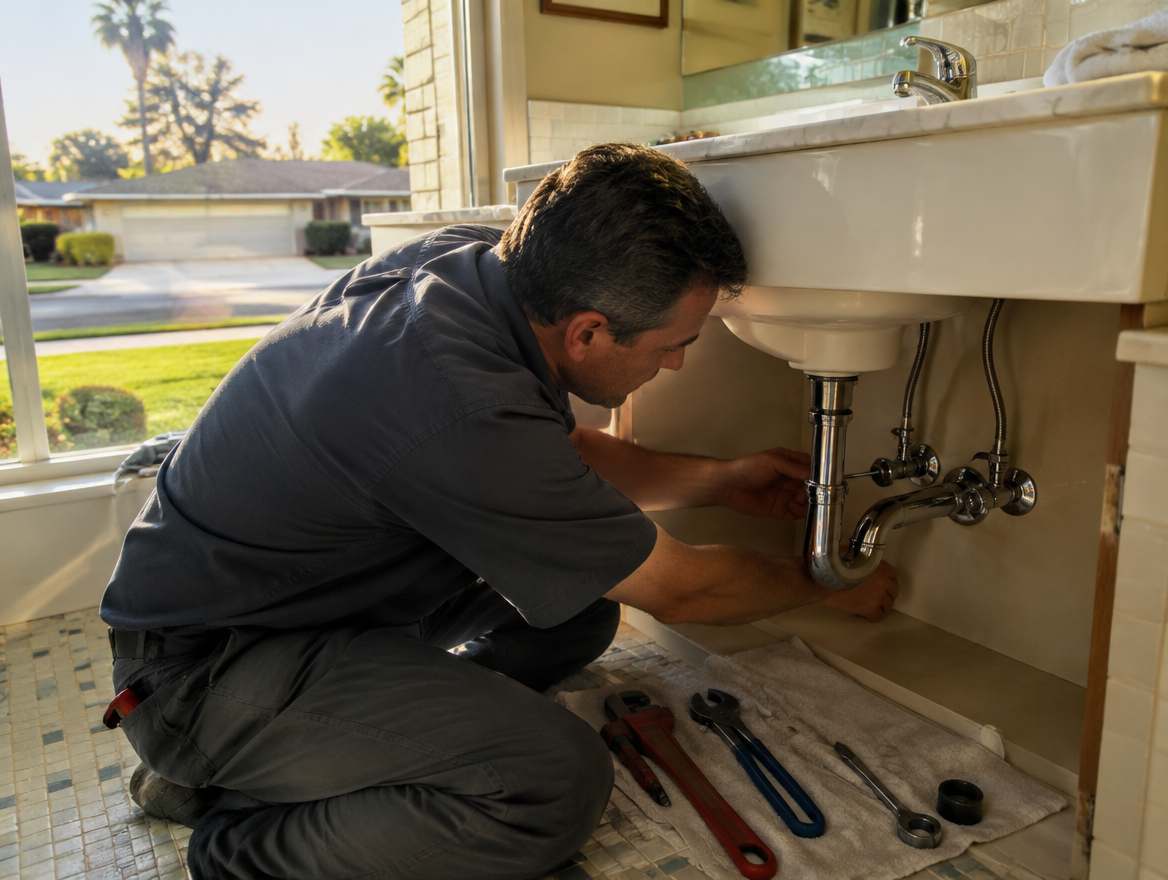 A plumber working under a sink on home plumbing