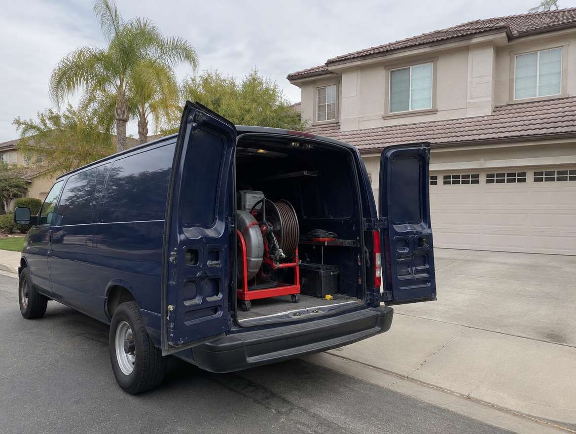 An unmarked plumbing service van parked at a home in Sunny Hills, California