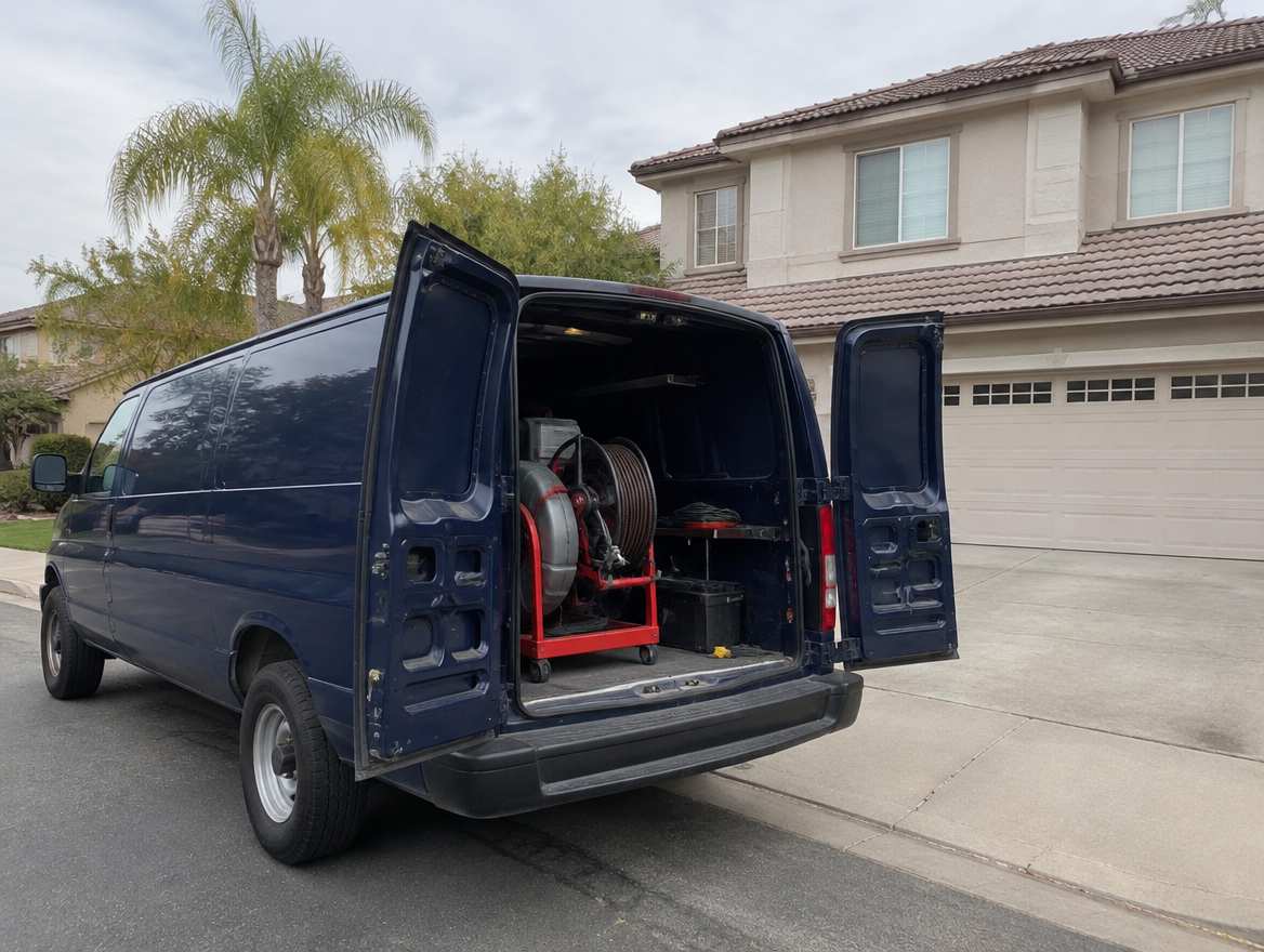 An unmarked plumbing service van parked at a home in Sunny Hills, California