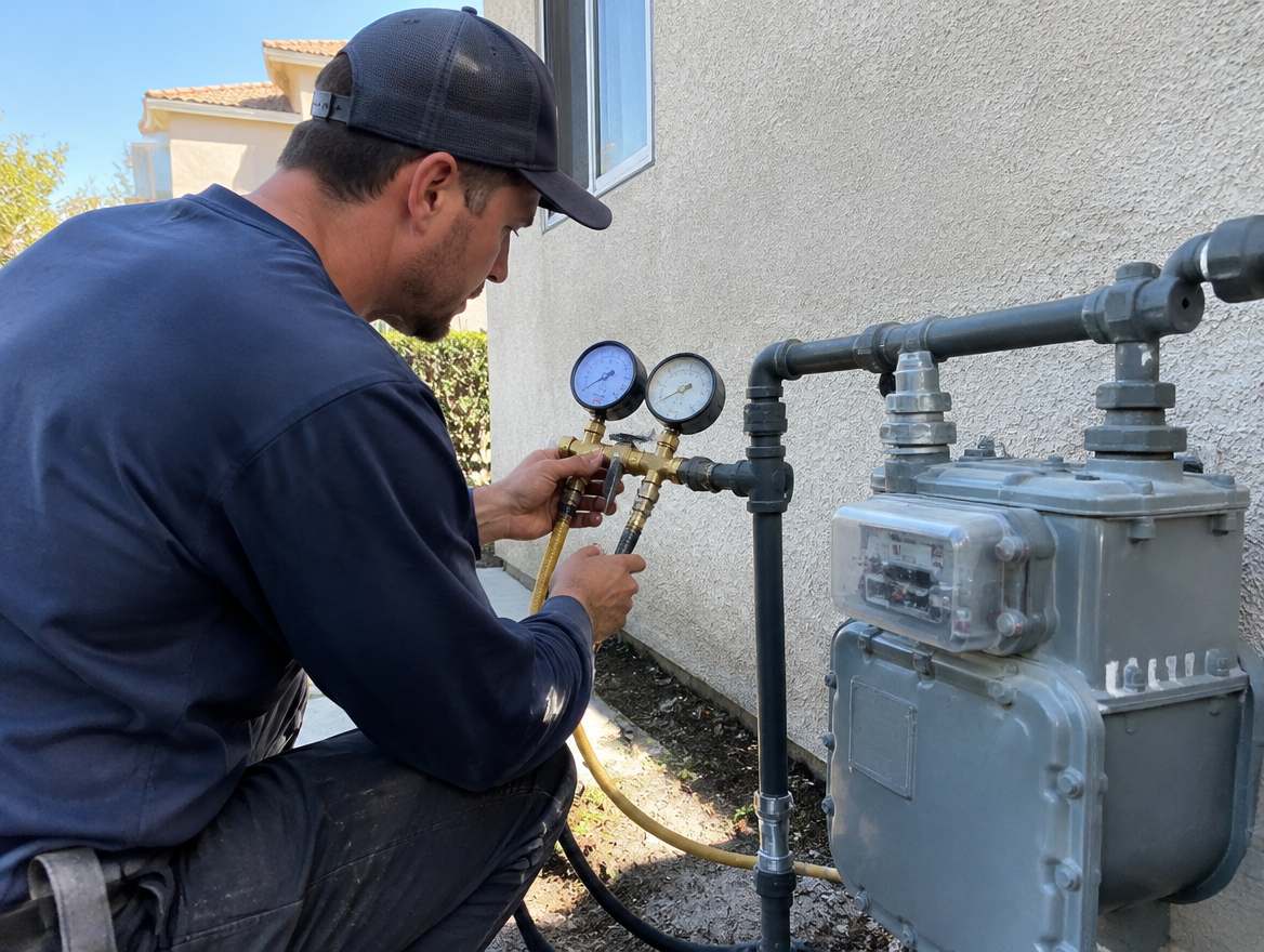 A plumber pressure-testing a gas line at an exterior gas meter