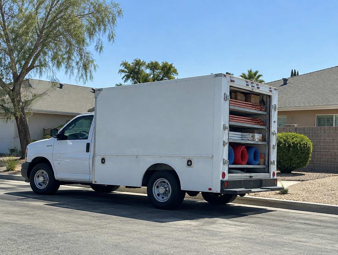 An unmarked plumbing service van parked at a home in Villa Park, California