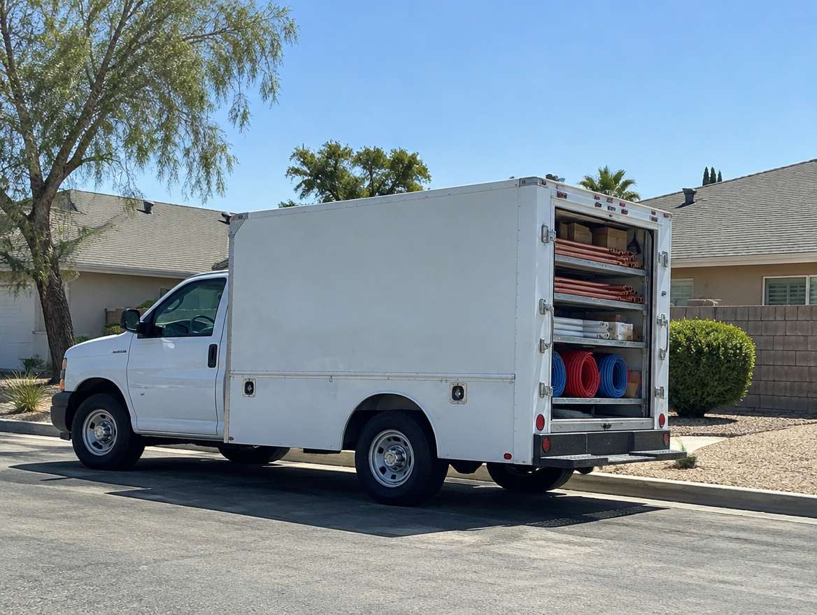 An unmarked plumbing service van parked at a home in Villa Park, California