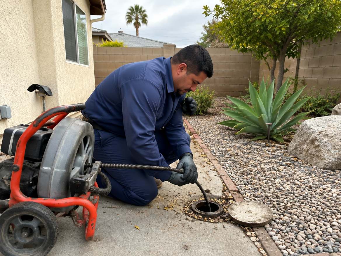 A plumber feeding a motorized sewer cable into an outdoor sewer cleanout