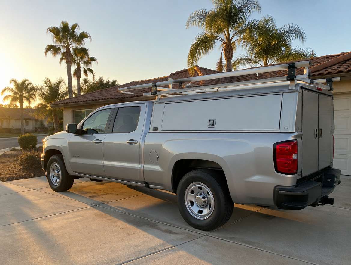 An unmarked plumbing service van parked at a home in Whittier, California