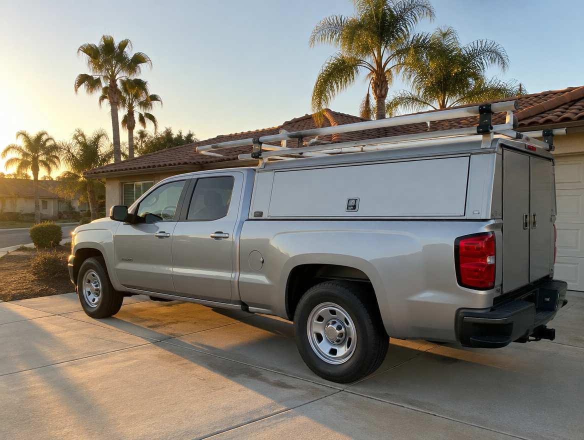 An unmarked plumbing service van parked at a home in Whittier, California