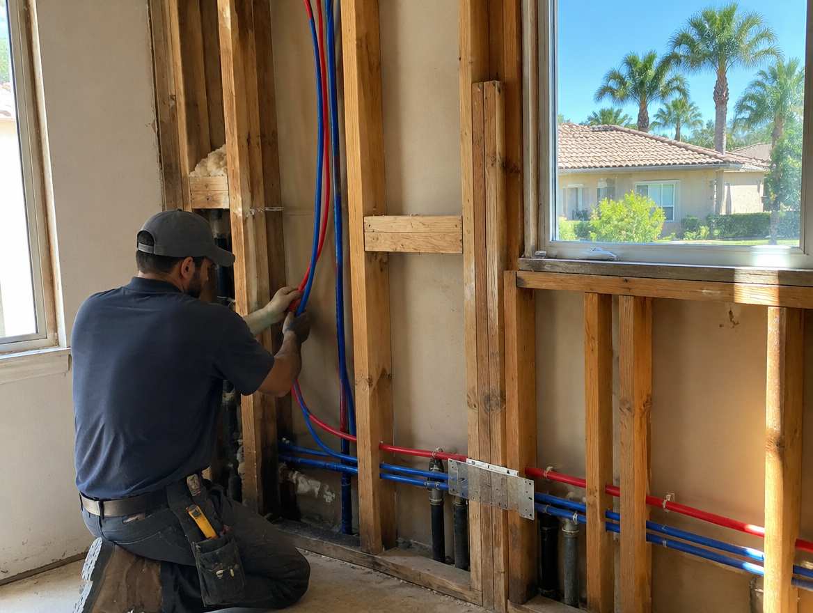 A plumber installing new PEX water lines through an open wall during a repipe