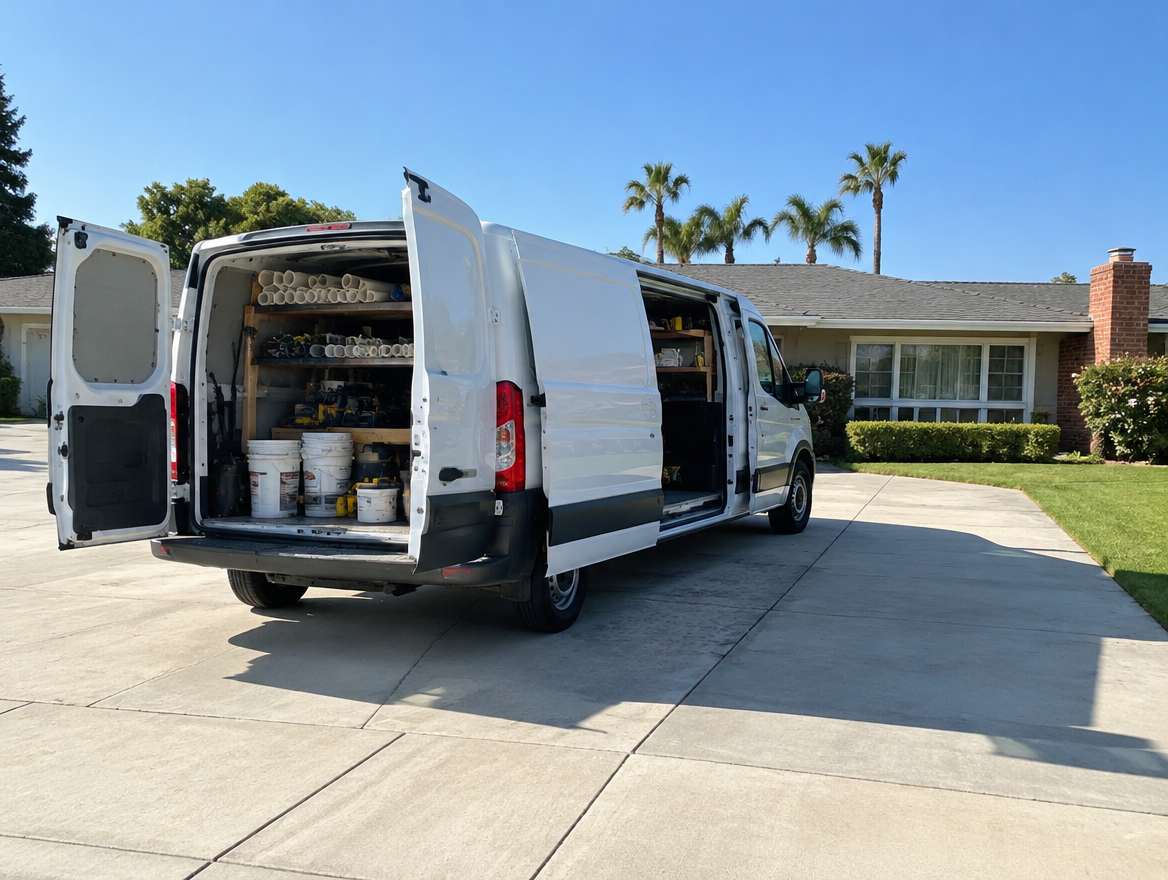 An unmarked plumbing service van parked at a home in Yorba Linda, California