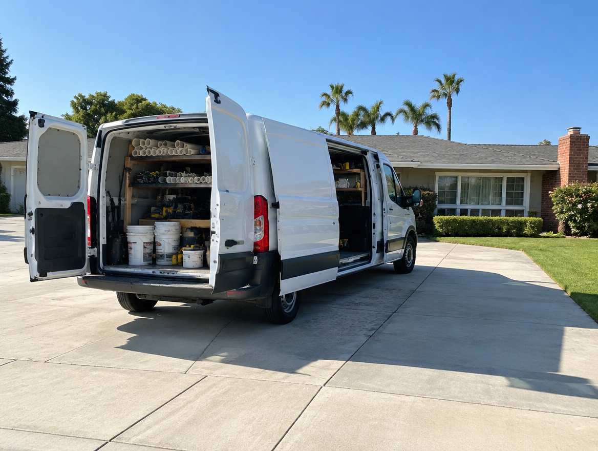 An unmarked plumbing service van parked at a home in Yorba Linda, California