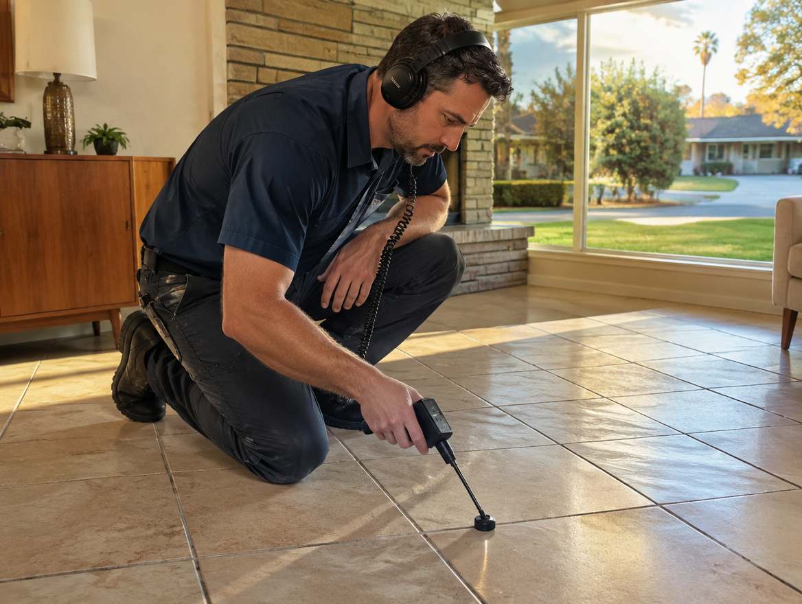 A plumber using electronic leak-detection equipment to find a hidden pipe leak