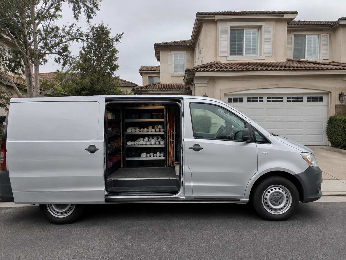 An unmarked plumbing service van parked at a home in Yorba Linda, California