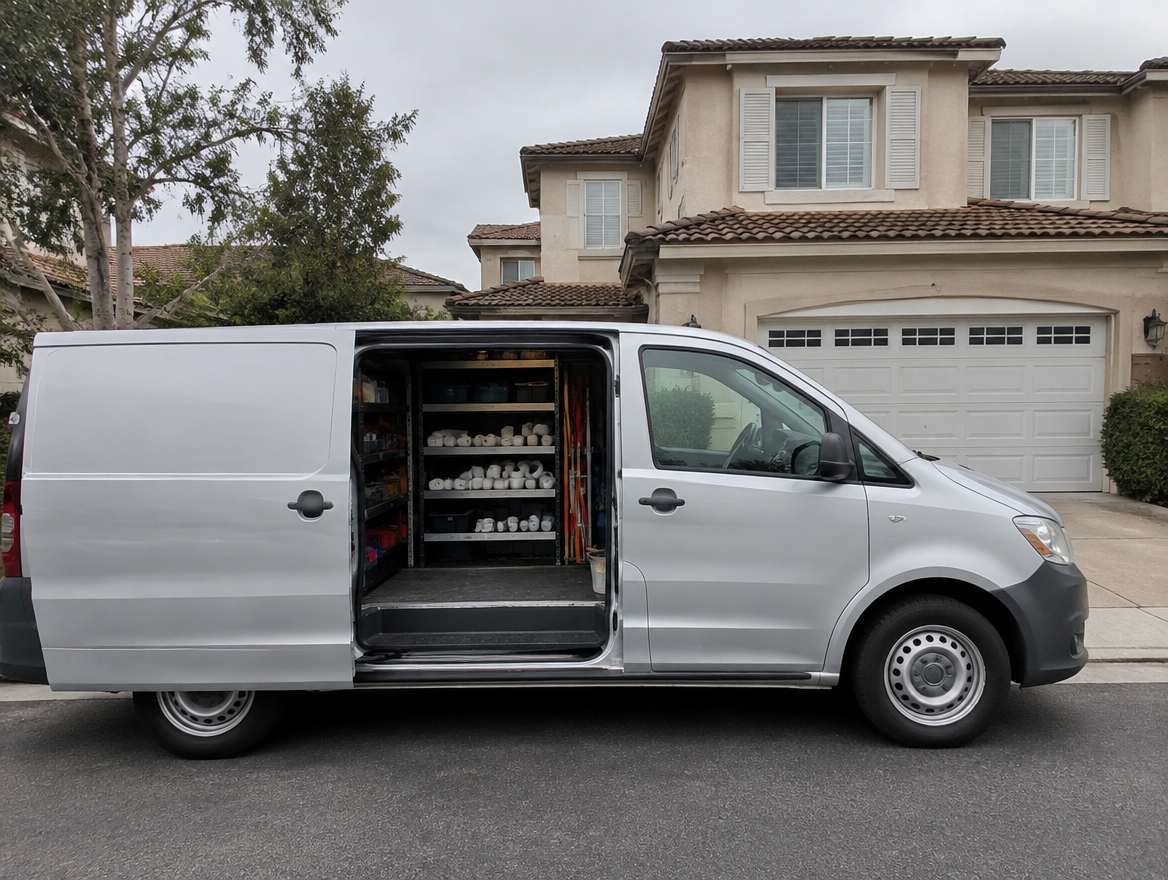 An unmarked plumbing service van parked at a home in Yorba Linda, California